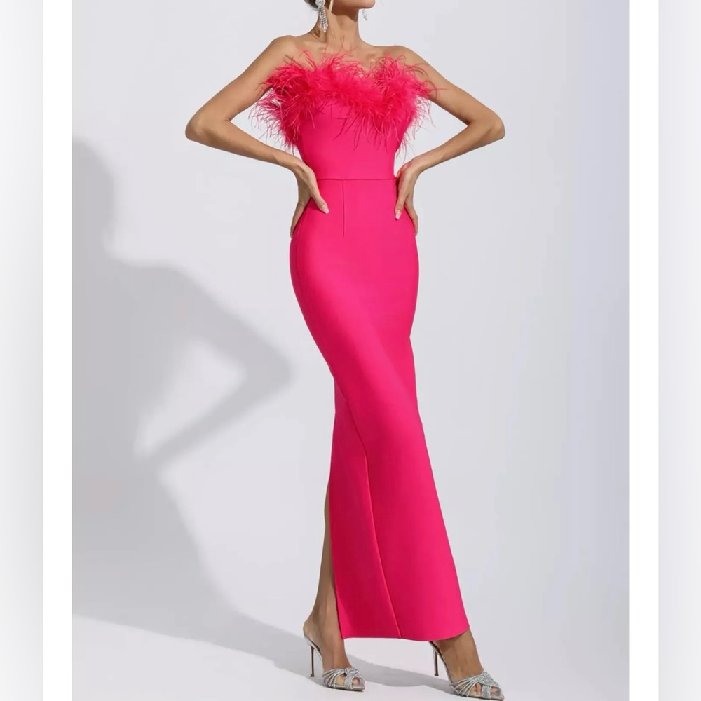 Hot pink rose red bandage feather evening dress gown size small maxi
